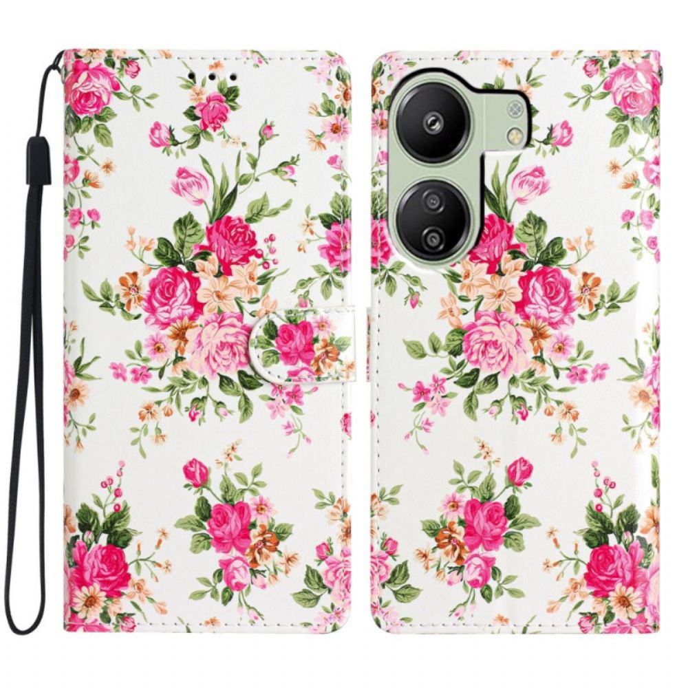 Flip Case Leren Poco C65 Rode Bloemen Met Riem