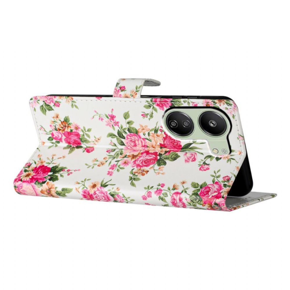 Flip Case Leren Poco C65 Rode Bloemen Met Riem