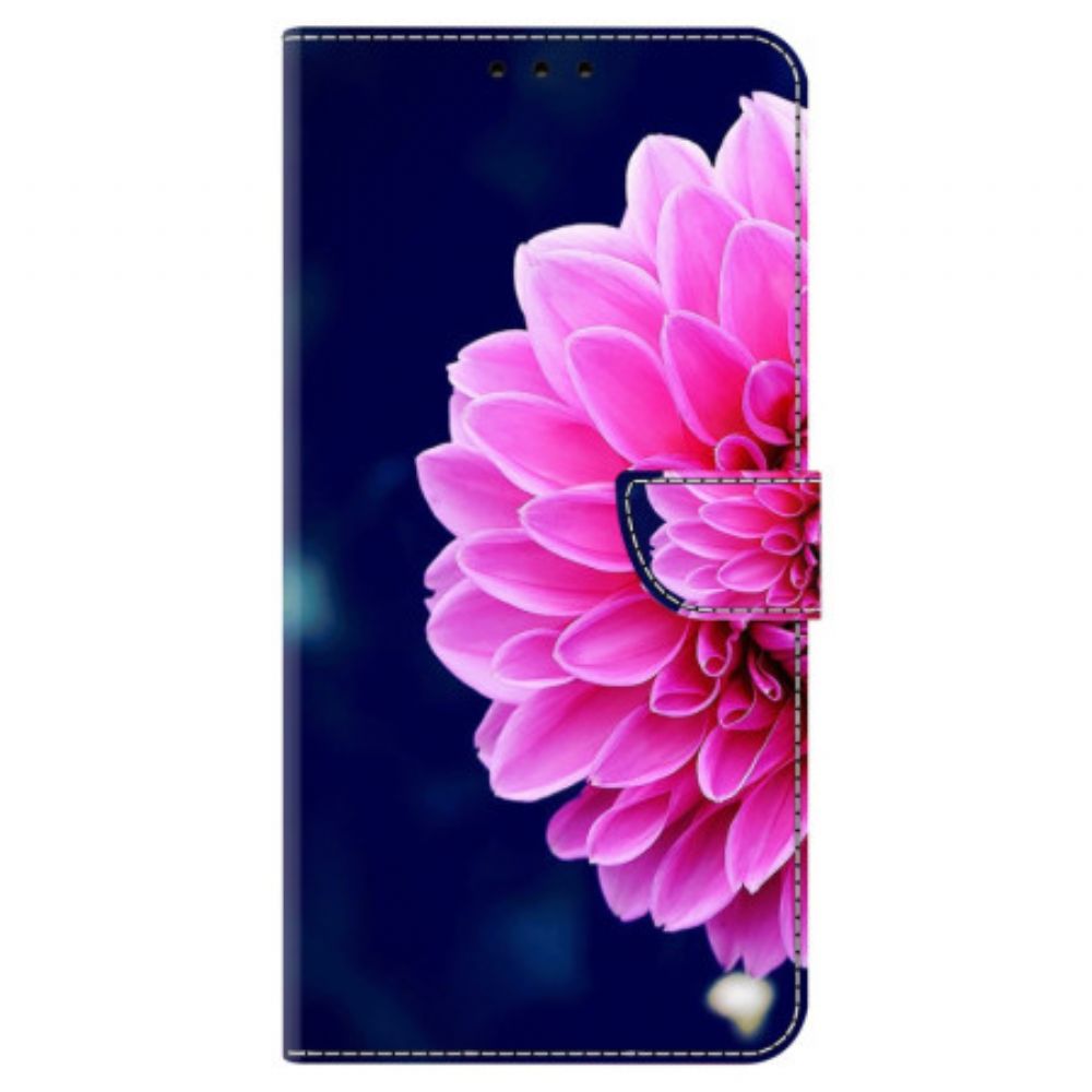 Flip Case Leren Poco C65 Roze Bloemen Op Blauwe Achtergrond