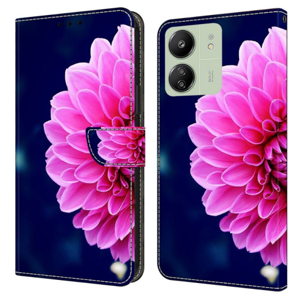 Flip Case Leren Poco C65 Roze Bloemen Op Blauwe Achtergrond