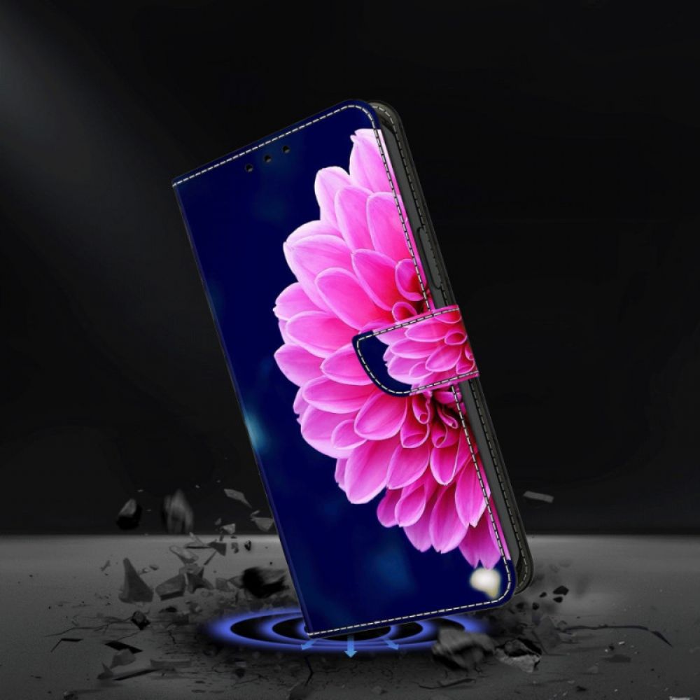 Flip Case Leren Poco C65 Roze Bloemen Op Blauwe Achtergrond