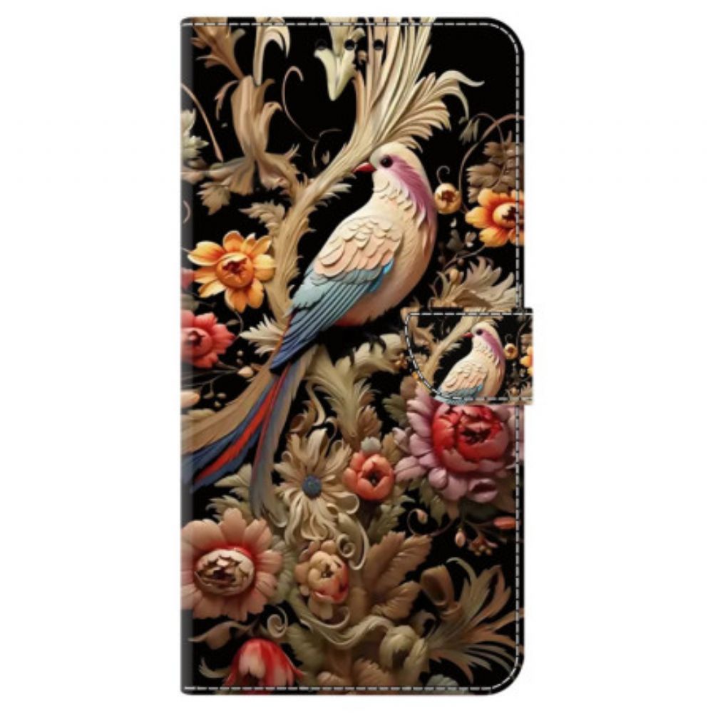 Flip Case Leren Poco C65 Vintage Bloem En Vogel