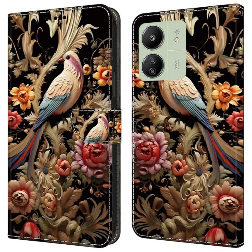 Flip Case Leren Poco C65 Vintage Bloem En Vogel