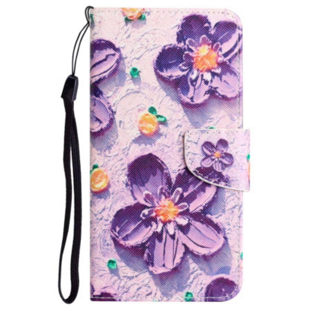 Folio-hoesje Poco C65 Paarse Bloemen Met Riempje