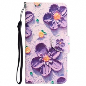 Folio-hoesje Poco C65 Paarse Bloemen Met Riempje