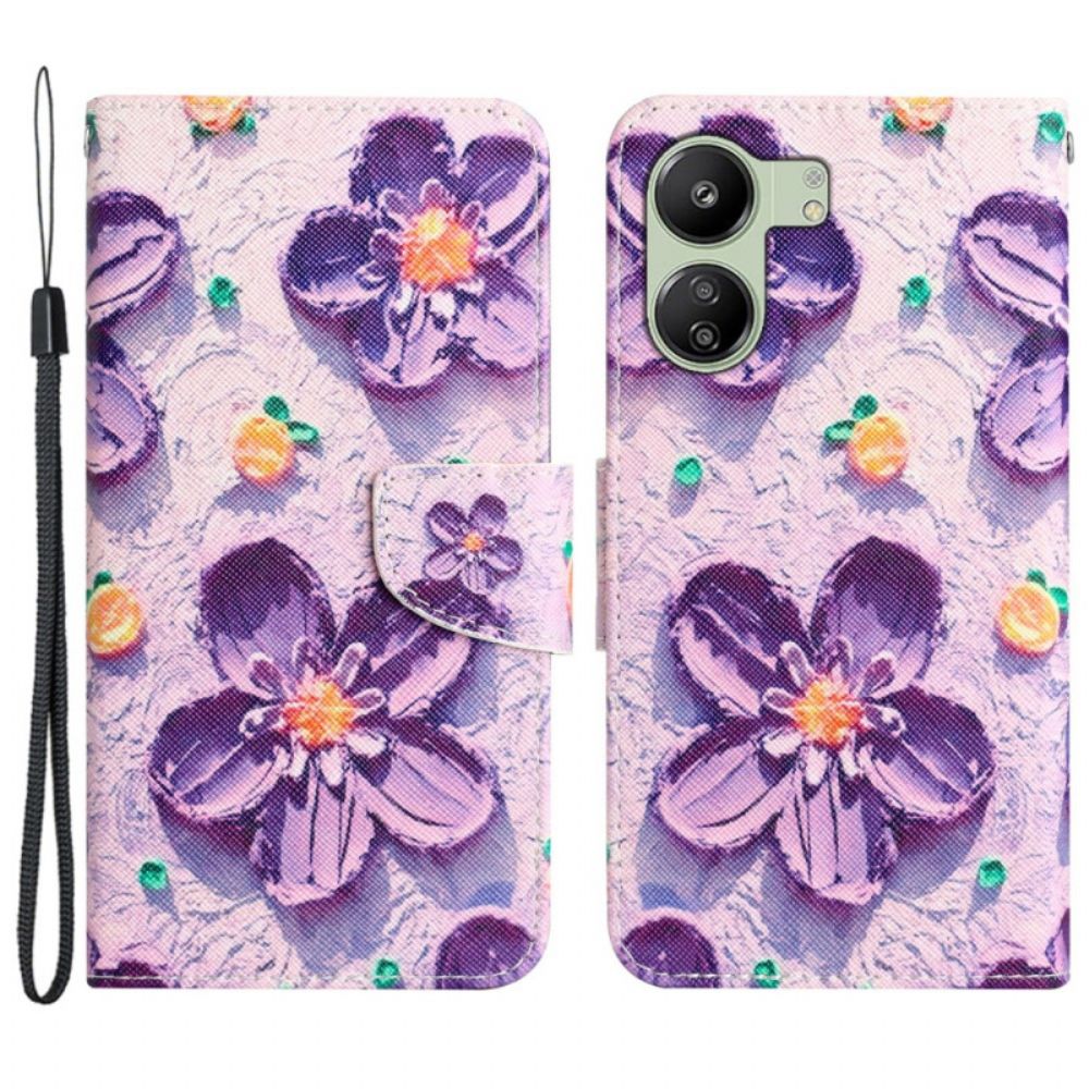 Folio-hoesje Poco C65 Paarse Bloemen Met Riempje