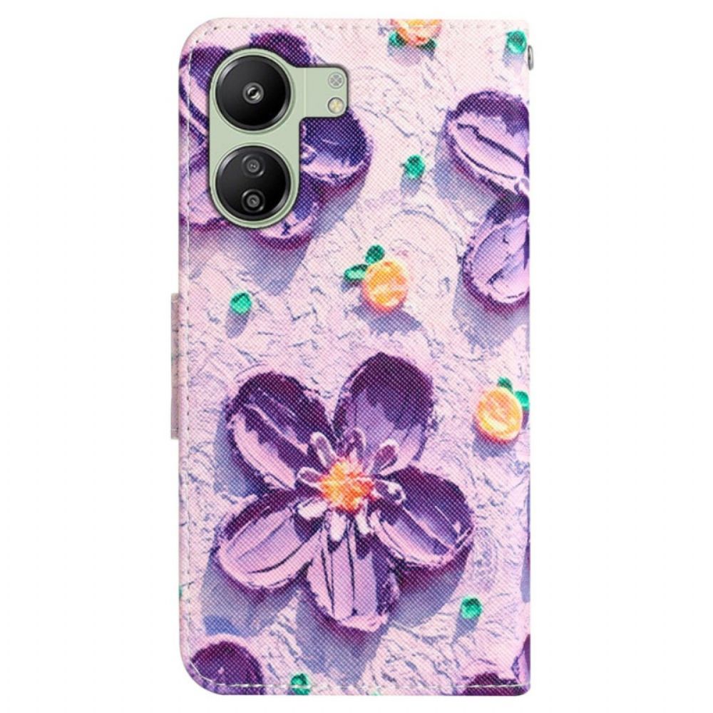 Folio-hoesje Poco C65 Paarse Bloemen Met Riempje