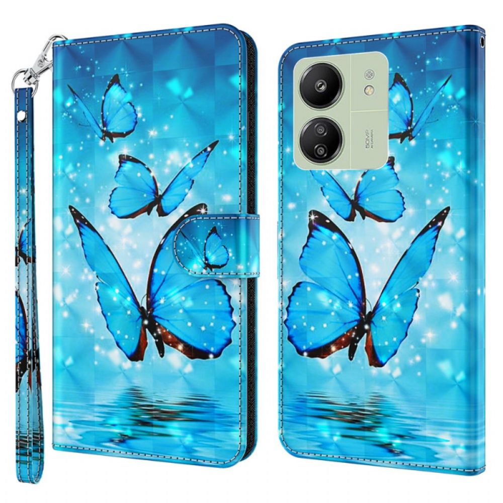 Folio-hoesje Poco C65 Telefoonhoesje Blauwe Vlinders Met Riem