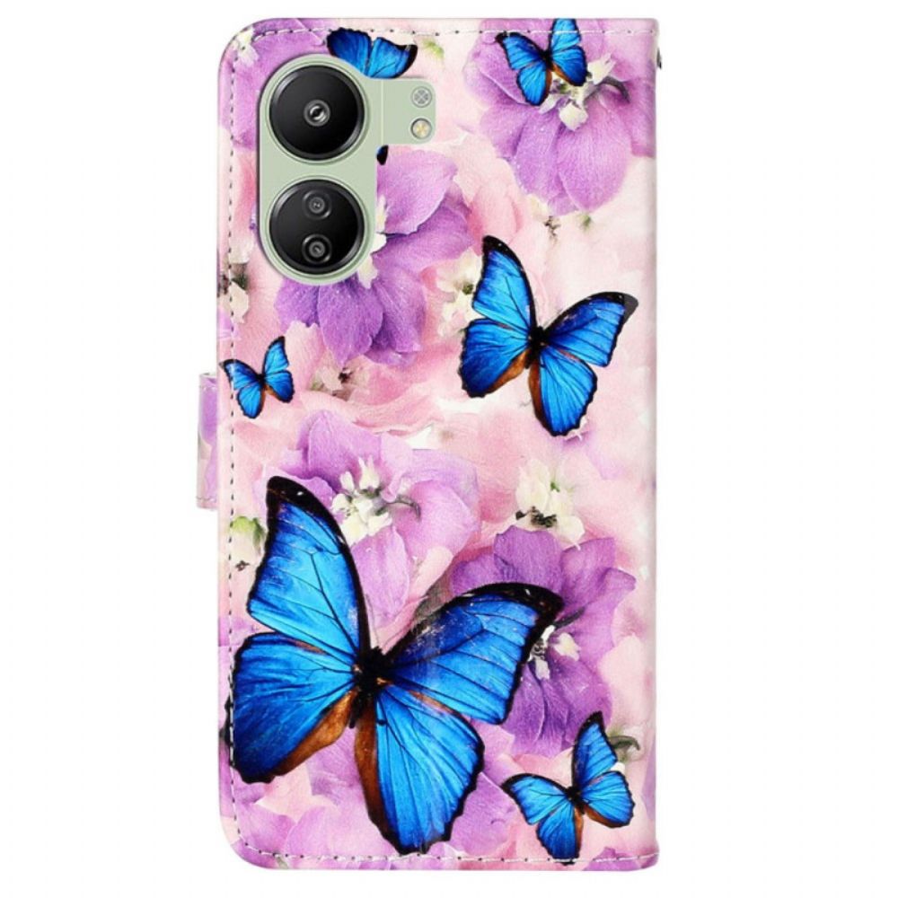 Folio-hoesje Poco C65 Telefoonhoesje Bloemen- En Vlinderpatroon Met Riempje