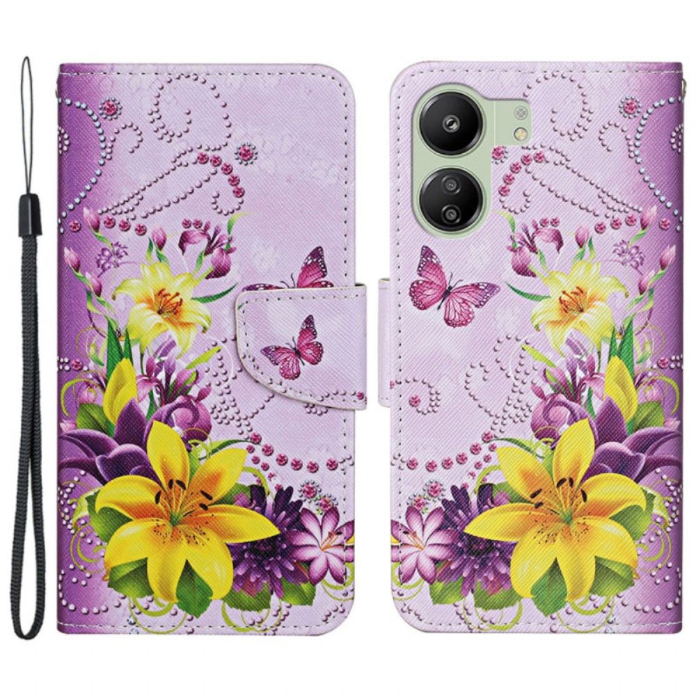 Folio-hoesje Poco C65 Telefoonhoesje Gele Bloemen En Vlinders Met Riempje