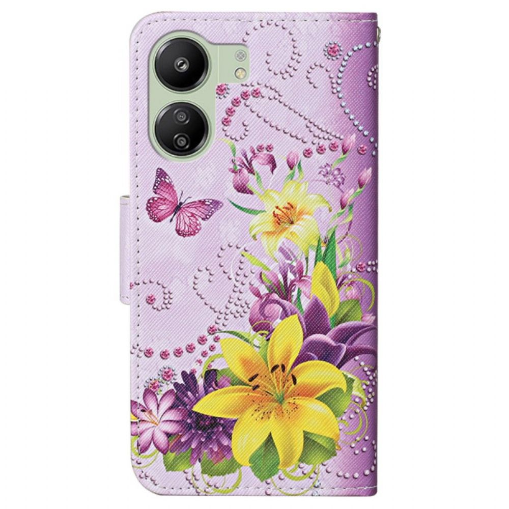 Folio-hoesje Poco C65 Telefoonhoesje Gele Bloemen En Vlinders Met Riempje