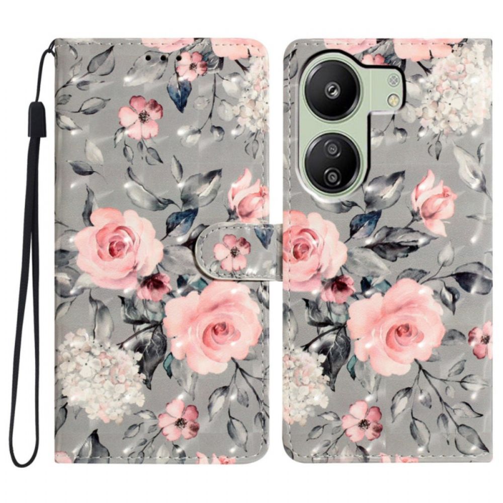 Leren Hoesje Poco C65 Bloeiende Bloemen Met Riempje Bescherming Hoesje