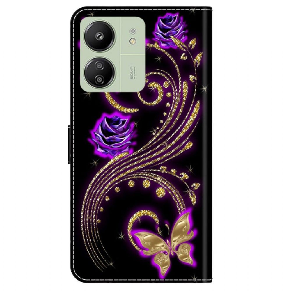 Leren Hoesje Poco C65 Paarse Bloemen En Vlinders Bescherming Hoesje