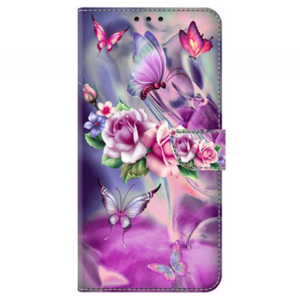 Leren Hoesje Poco C65 Vlinders En Violette Bloemen