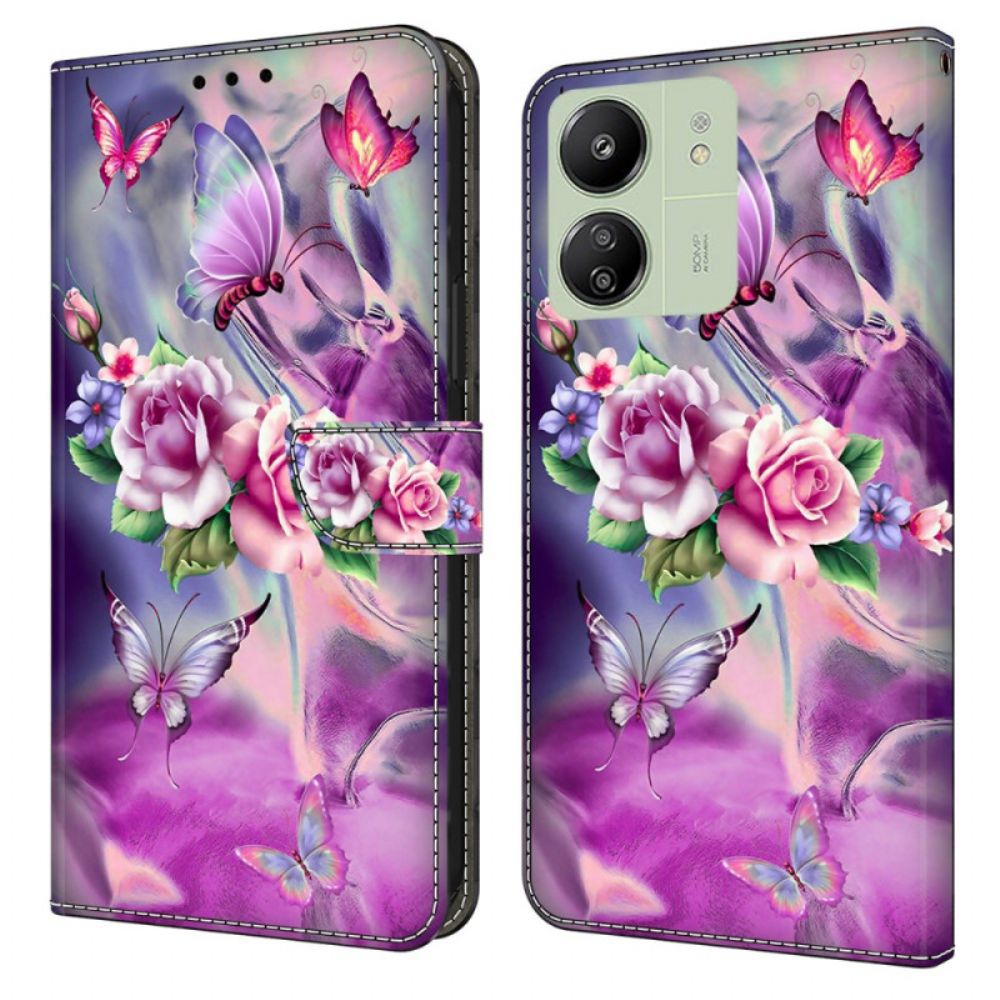 Leren Hoesje Poco C65 Vlinders En Violette Bloemen