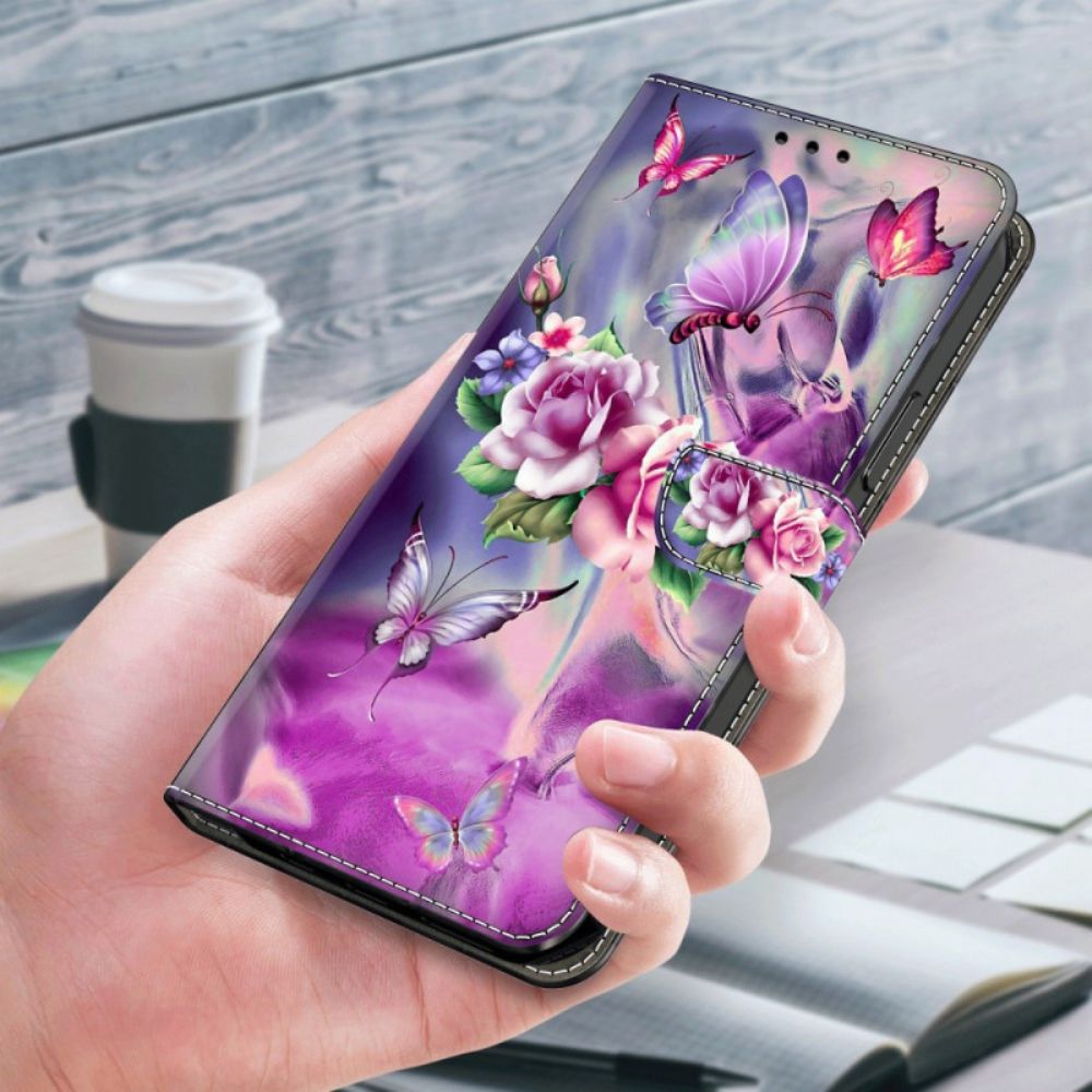 Leren Hoesje Poco C65 Vlinders En Violette Bloemen