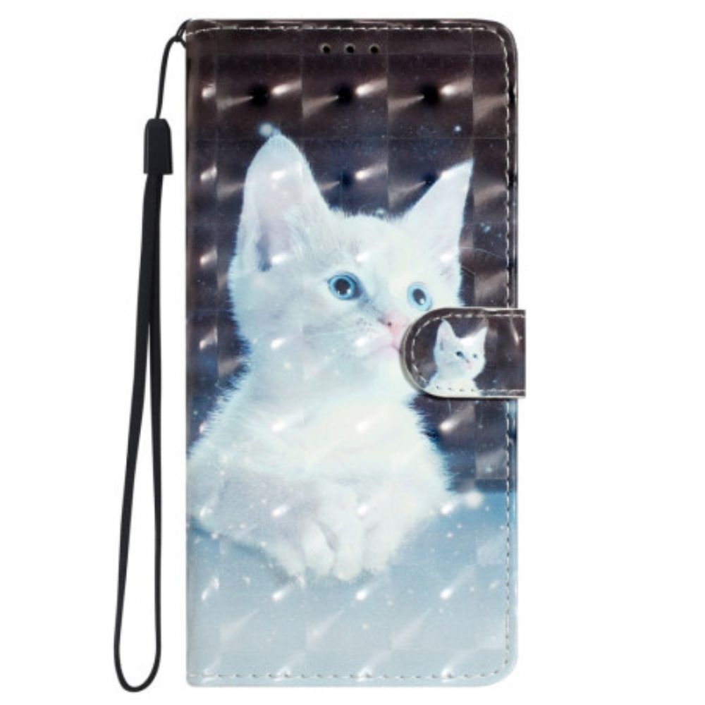 Leren Hoesje Poco C65 Witte Kat Met Riem