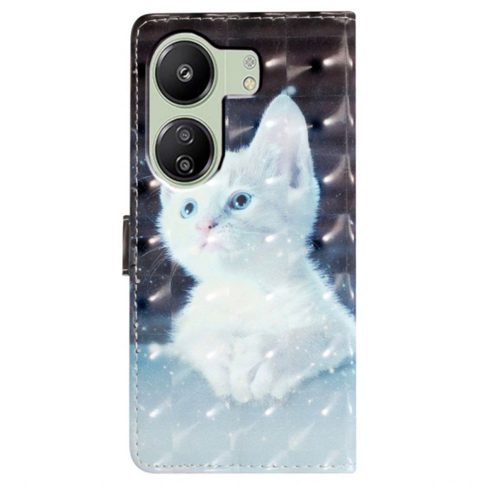 Leren Hoesje Poco C65 Witte Kat Met Riem