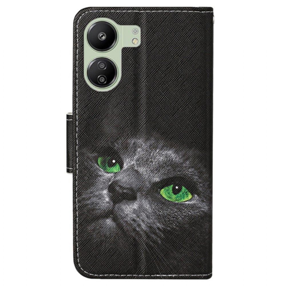 Leren Hoesje Voor Poco C65 Kat Met Groene Ogen En Riem