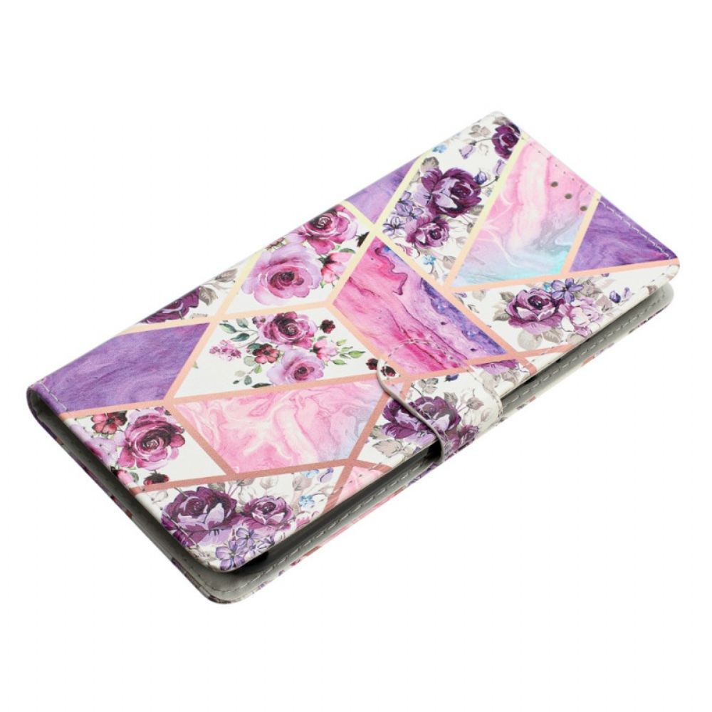 Leren Hoesje Voor Poco C65 Paarse Bloemen Met Riempje