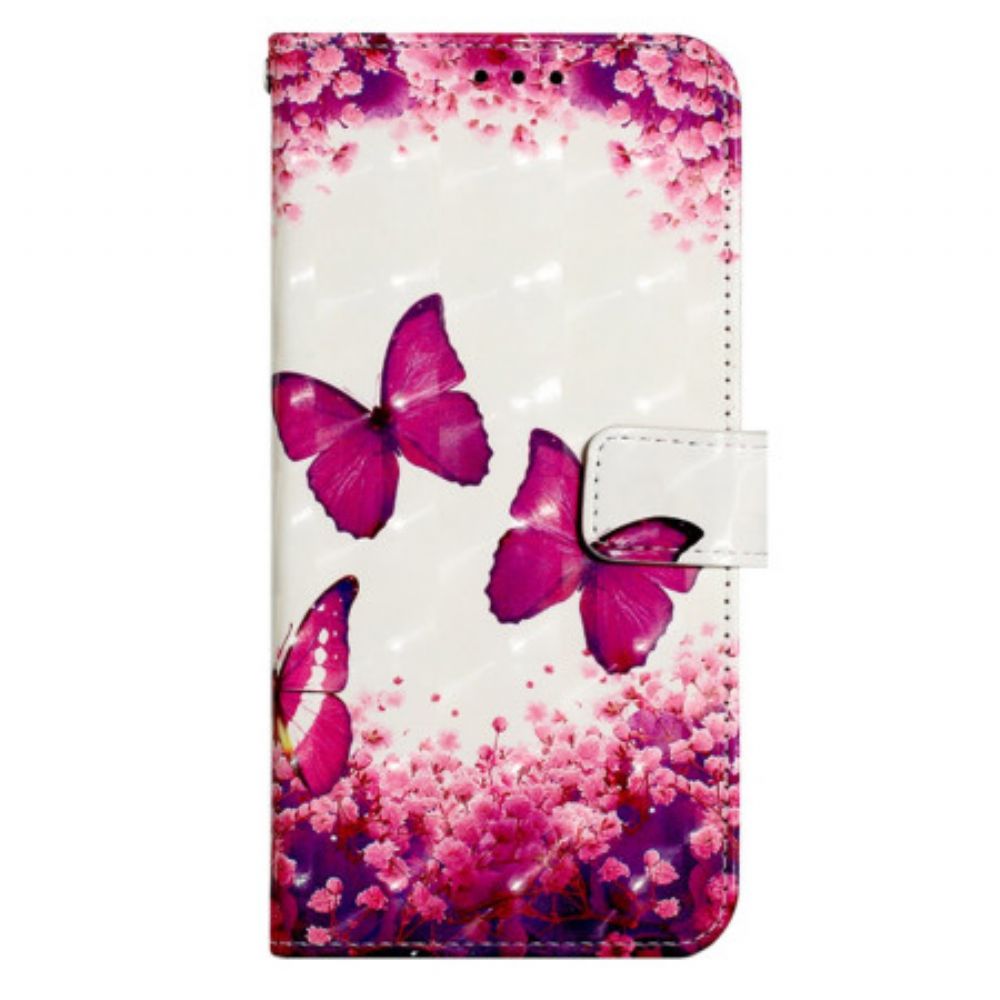 Leren Hoesje Voor Poco C65 Roze Vlinders