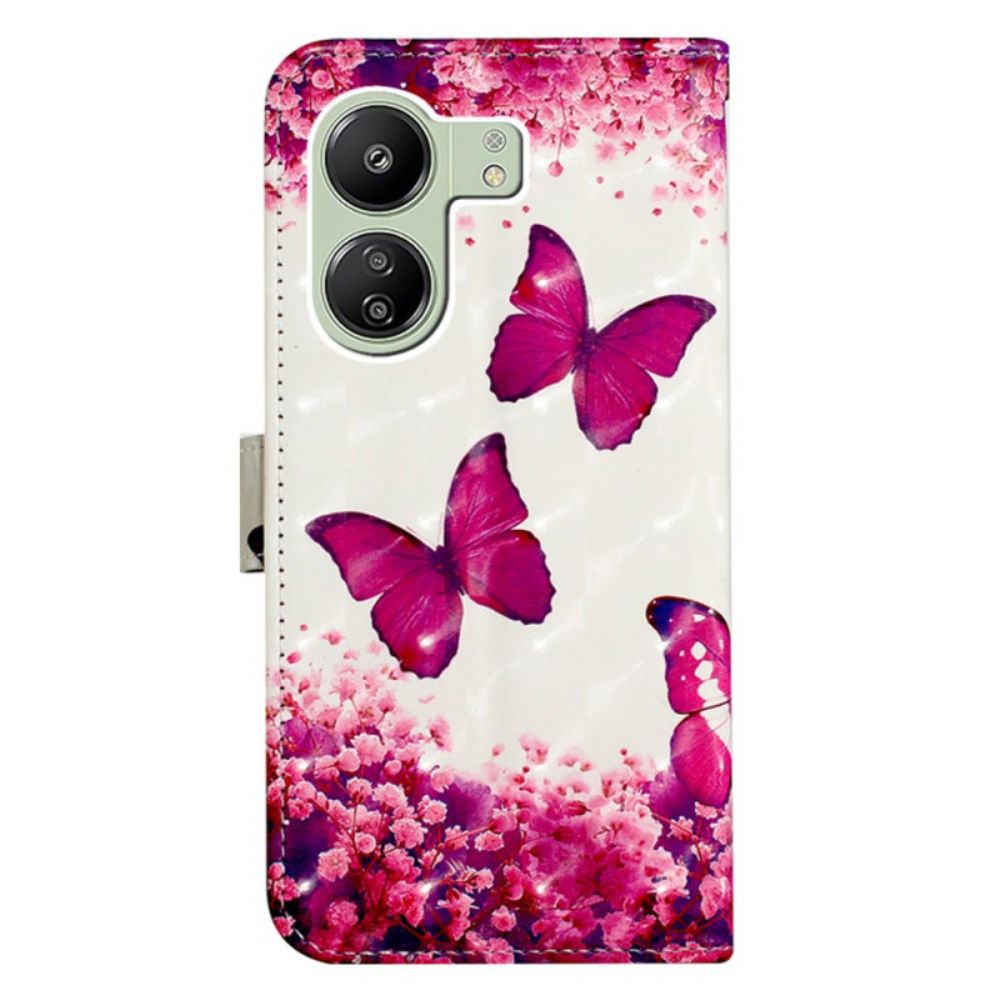 Leren Hoesje Voor Poco C65 Roze Vlinders