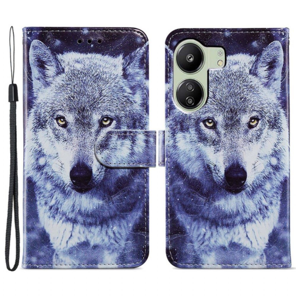 Leren Hoesje Voor Poco C65 Witte Wolf Met Riem