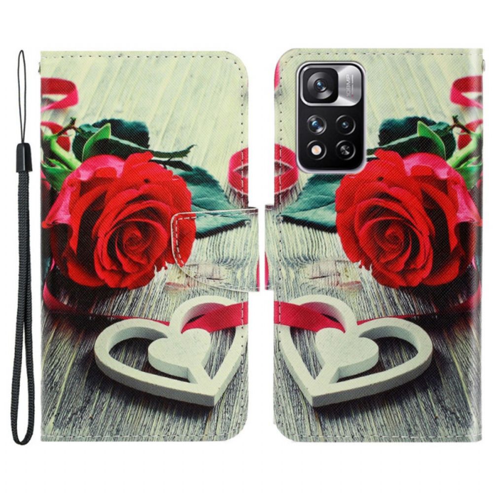 Flip Case voor Xiaomi Redmi Note 11 Pro Plus 5G Met Ketting Romantische Roos Met Bandjes