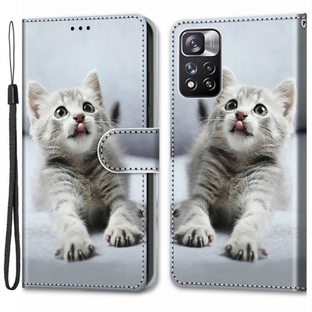 Folio-hoesje voor Xiaomi Redmi Note 11 Pro Plus 5G Met Ketting Grijze Kitten Met Bandjes