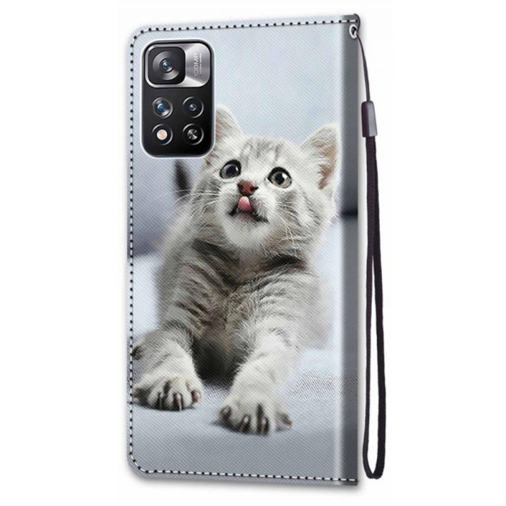 Folio-hoesje voor Xiaomi Redmi Note 11 Pro Plus 5G Met Ketting Grijze Kitten Met Bandjes