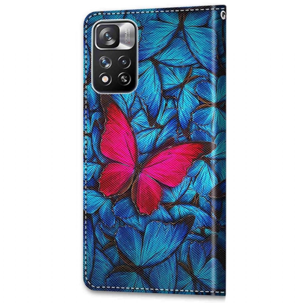 Folio-hoesje voor Xiaomi Redmi Note 11 Pro Plus 5G Rode Vlinder Op Blauwe Achtergrond