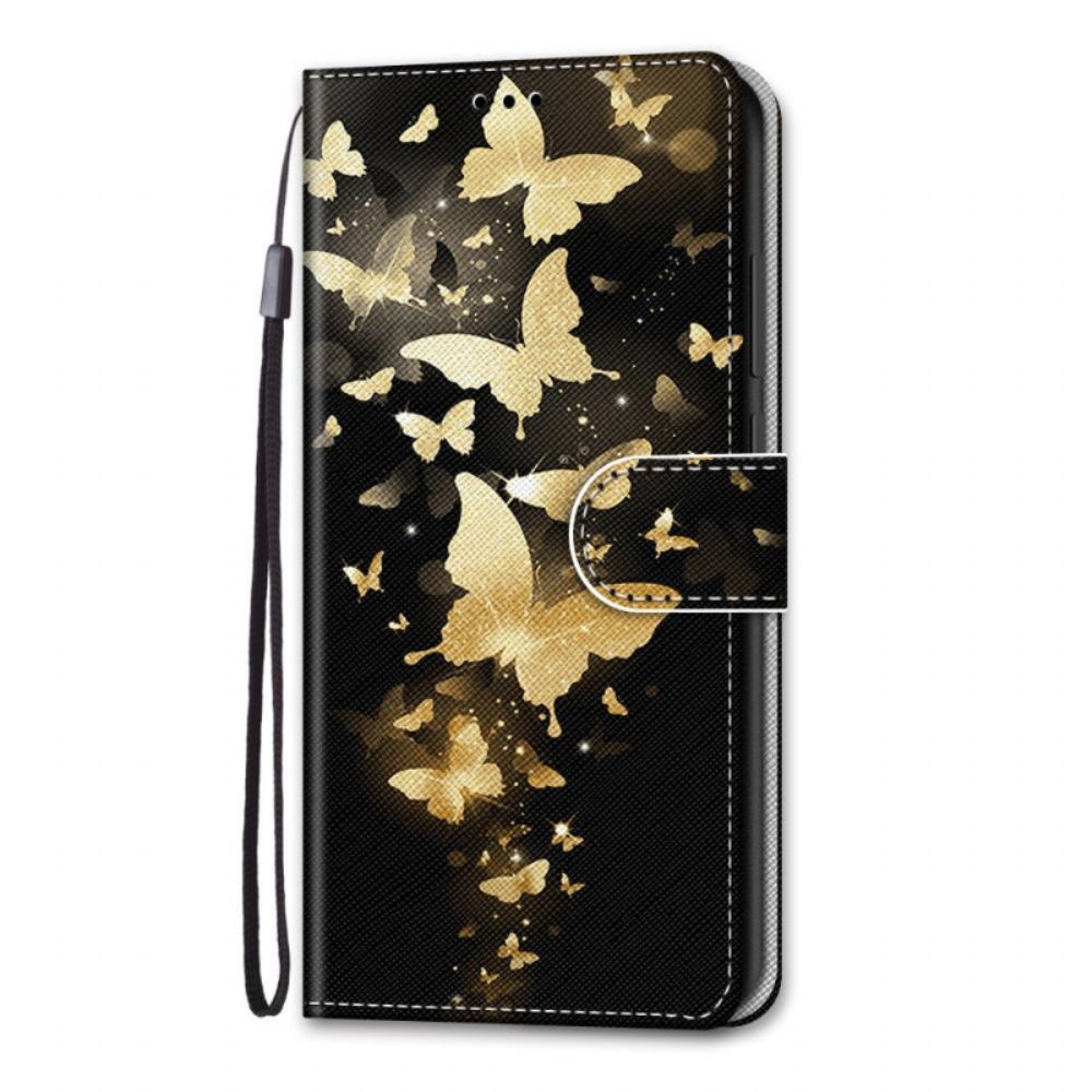 Leren Hoesje voor Xiaomi Redmi Note 11 Pro Plus 5G Met Ketting Gouden Vlinders Met Riem