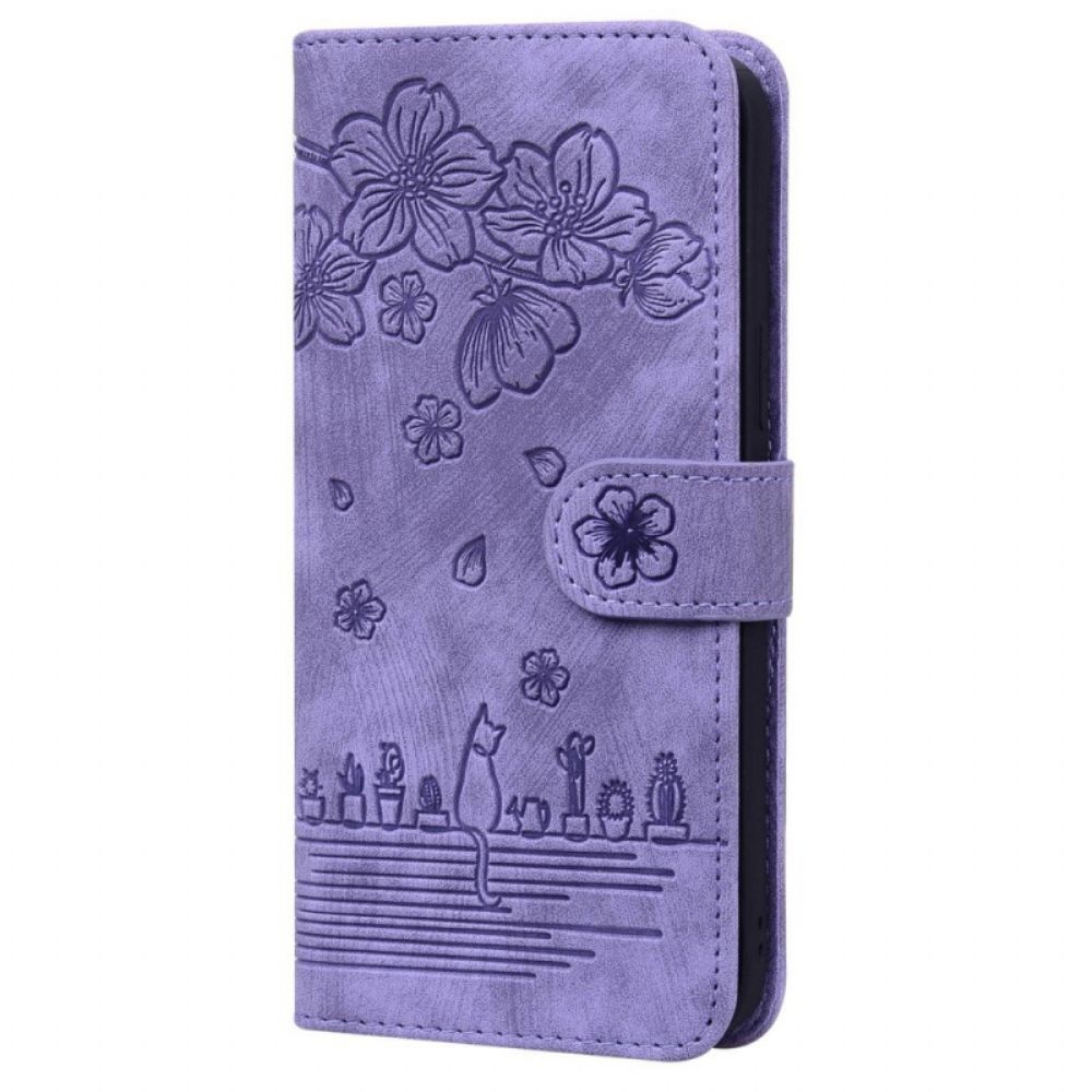 Folio-hoesje voor Poco F4 Met Ketting Thong Bloemen Kat