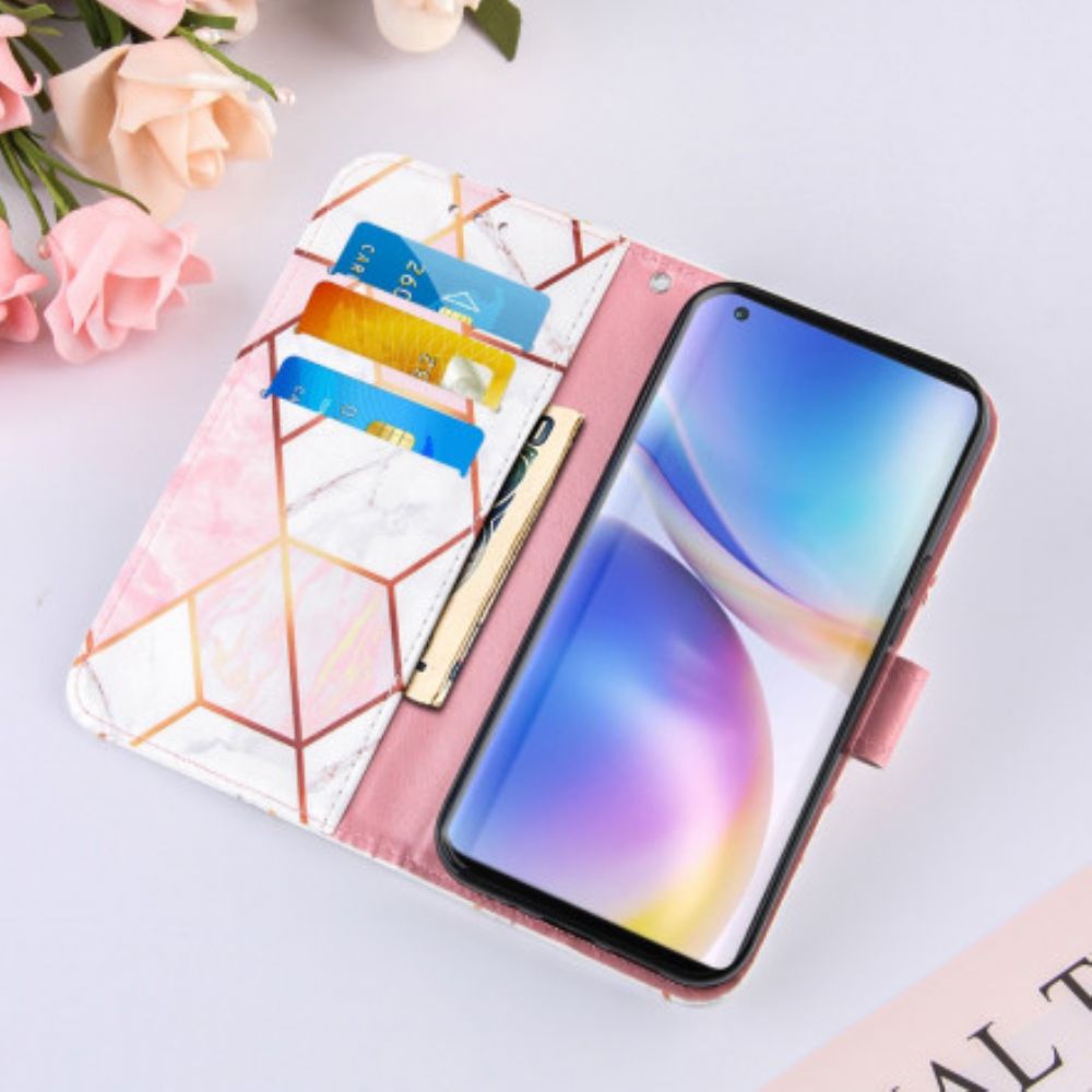 Folio-hoesje voor OnePlus 9 Pro Met Ketting Gestreept Geometrisch Marmer