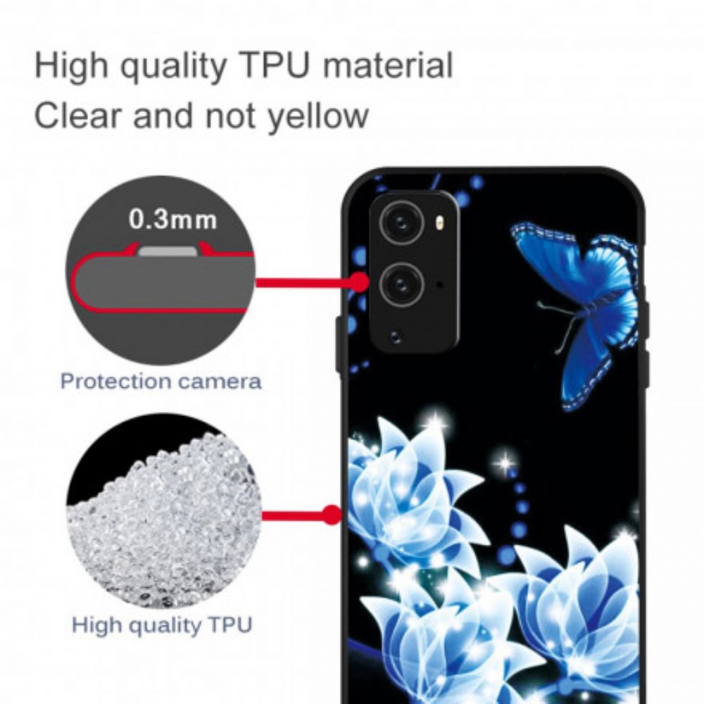 Hoesje voor OnePlus 9 Pro Vlinder En Blauwe Bloemen