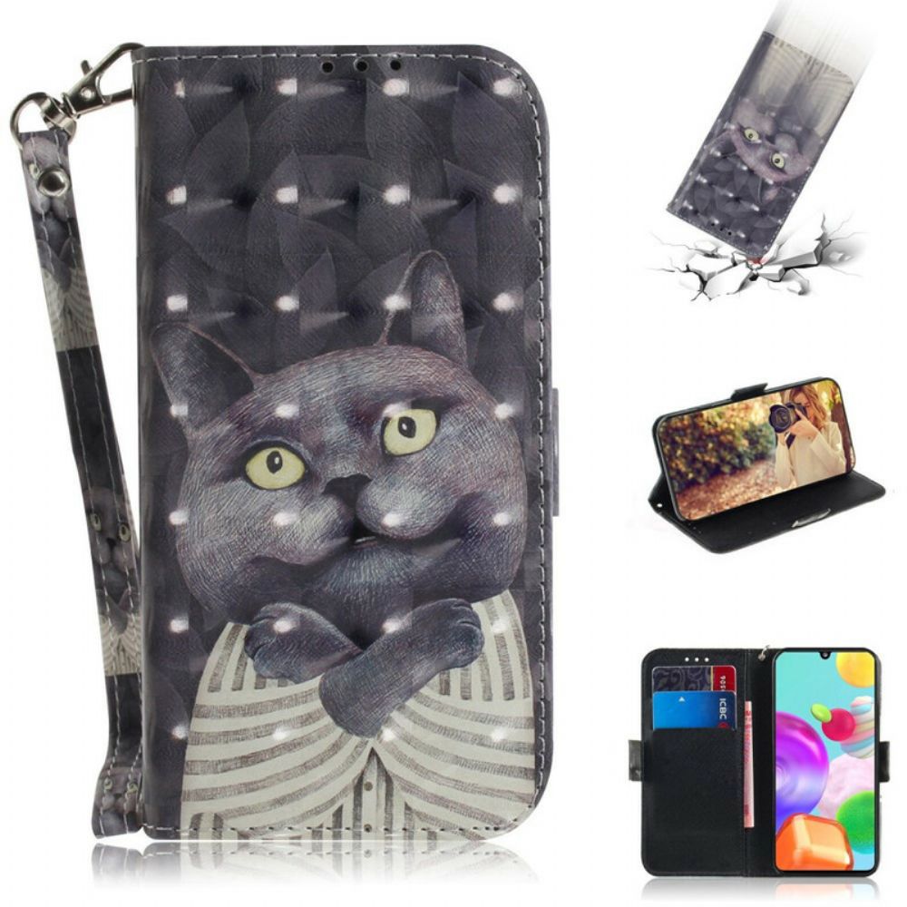 Flip Case voor Samsung Galaxy A41 Met Ketting Grijze Kat Met Bandjes