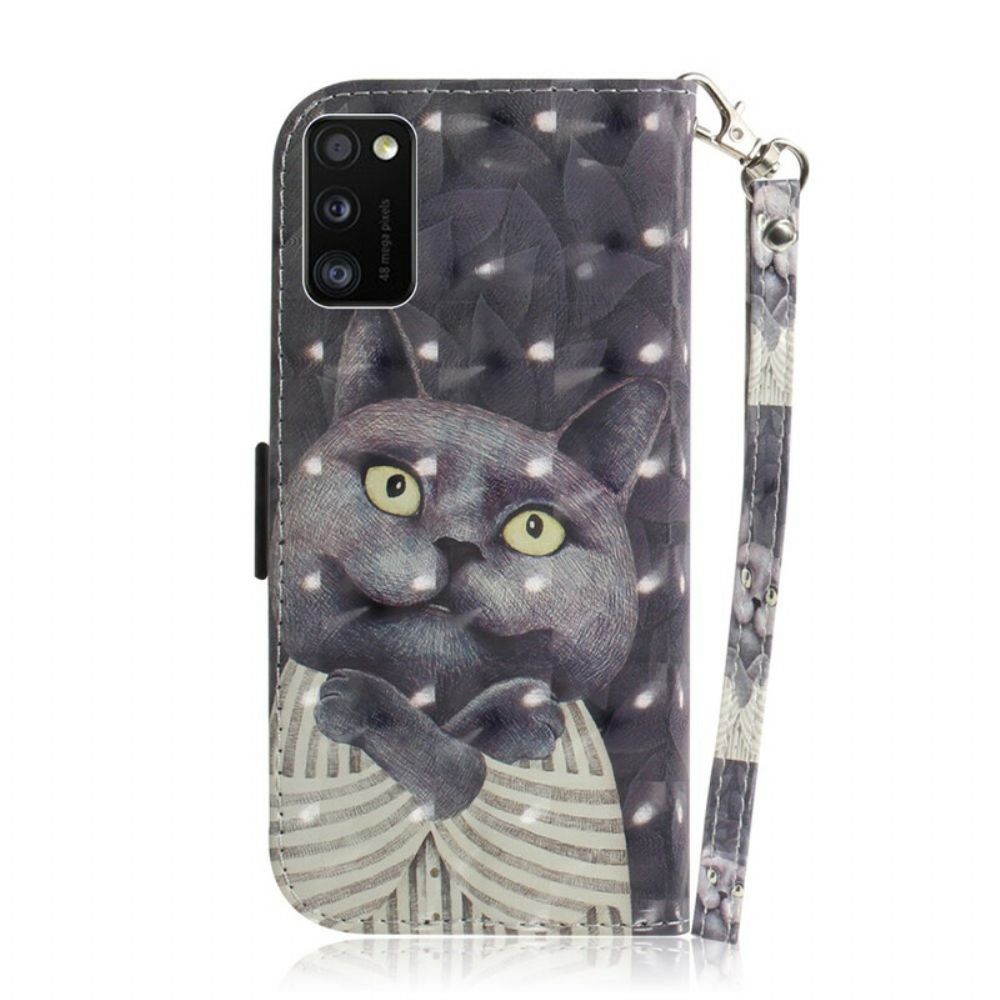 Flip Case voor Samsung Galaxy A41 Met Ketting Grijze Kat Met Bandjes