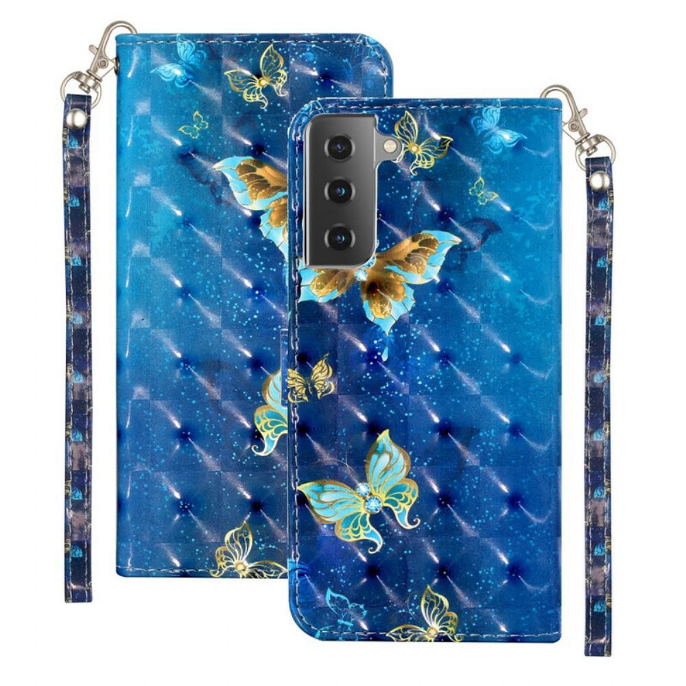 Flip Case voor Samsung Galaxy S21 5G Lichtvlek Vlinders Met Koord