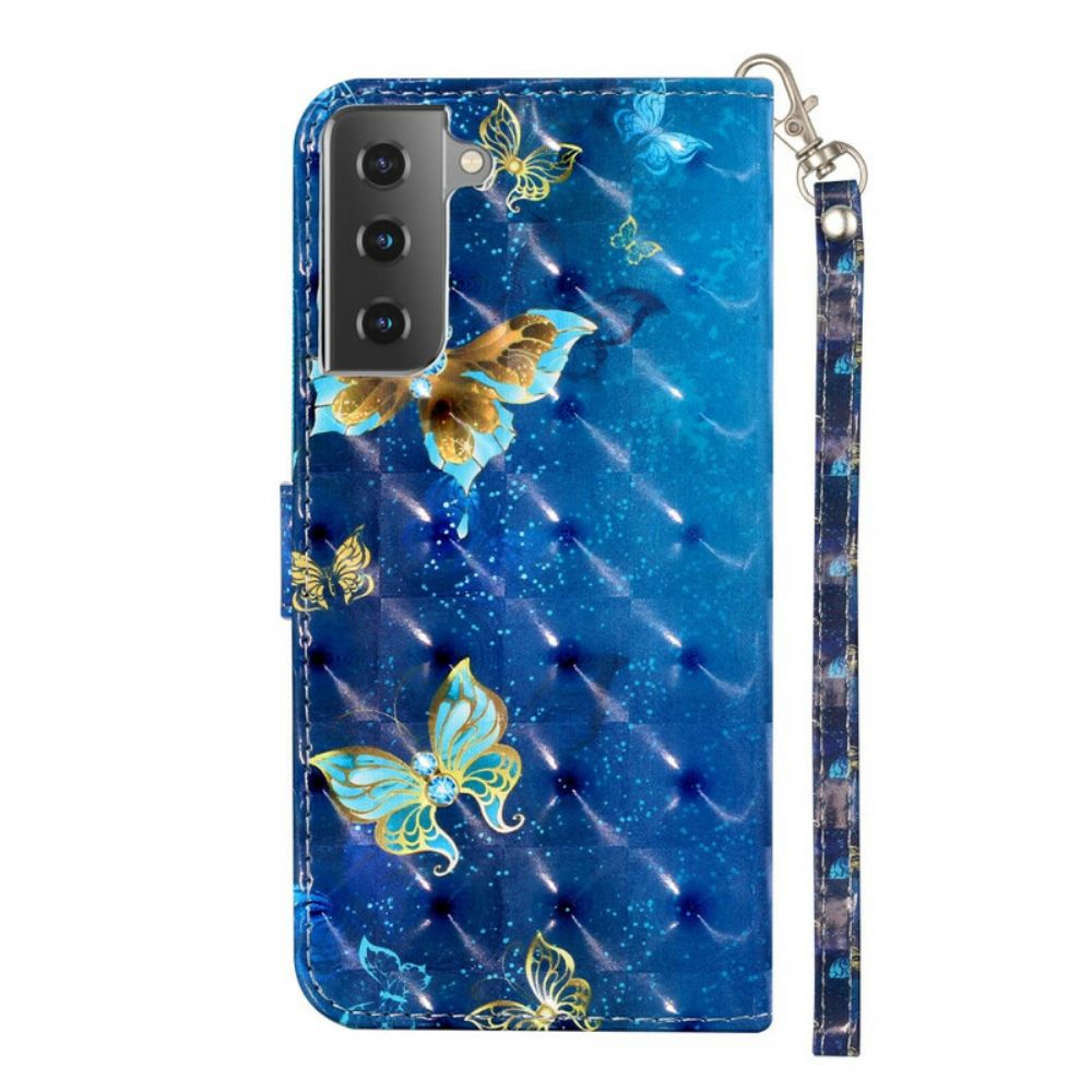 Flip Case voor Samsung Galaxy S21 5G Lichtvlek Vlinders Met Koord