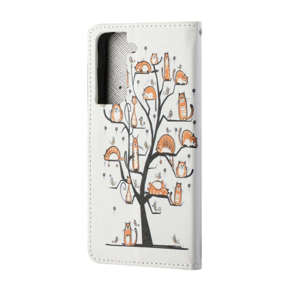 Flip Case voor Samsung Galaxy S21 5G Met Ketting Funky Katten Met Riem