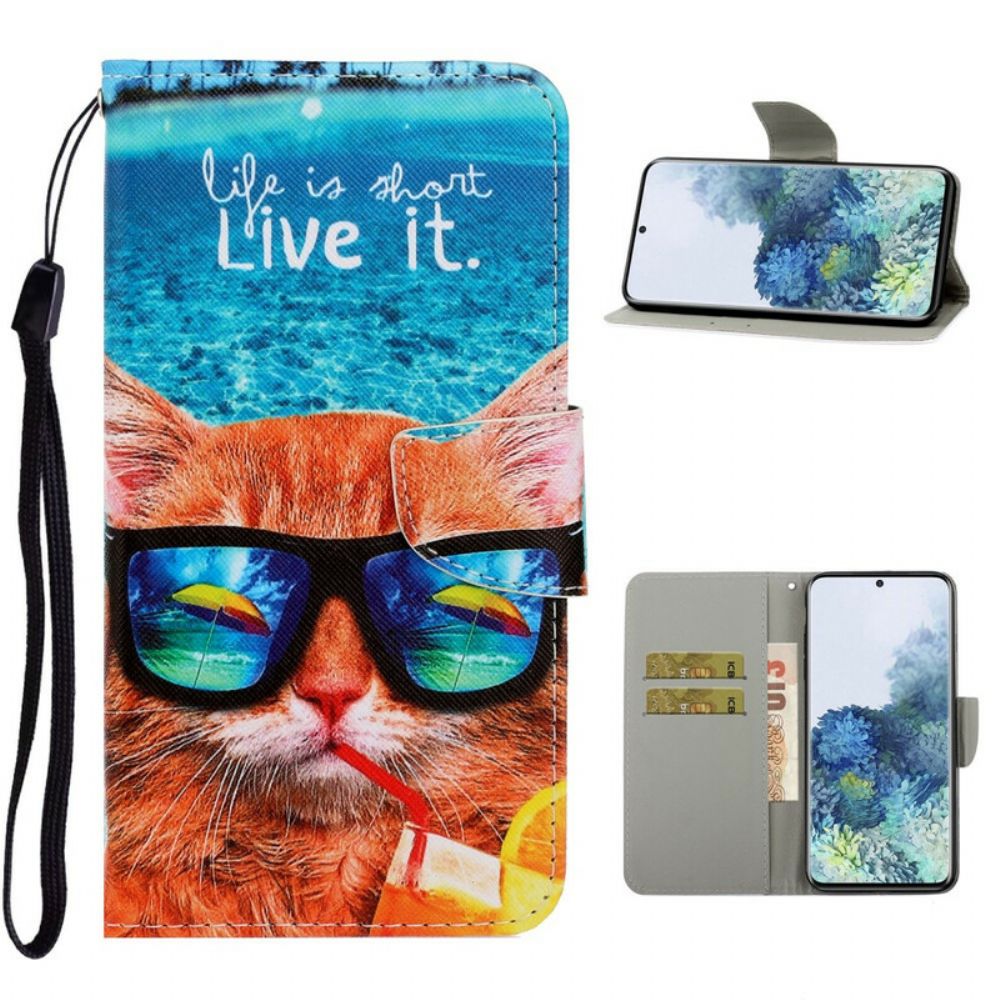 Folio-hoesje voor Samsung Galaxy S21 5G Met Ketting Kat Leeft Het Met Bandjes