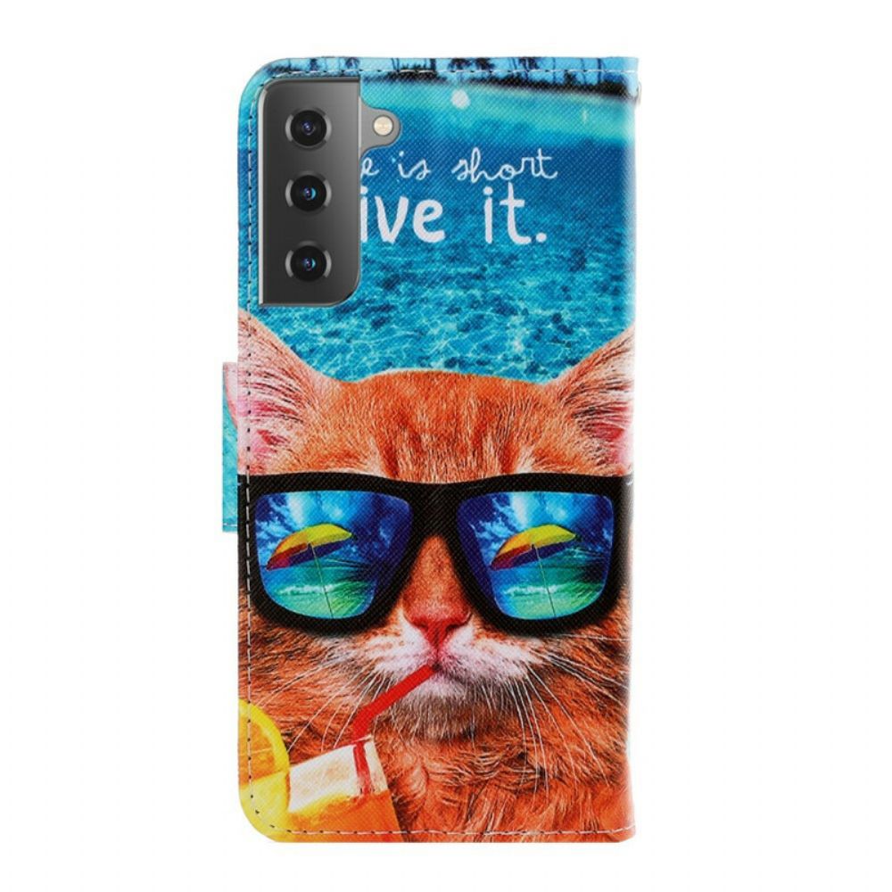 Folio-hoesje voor Samsung Galaxy S21 5G Met Ketting Kat Leeft Het Met Bandjes