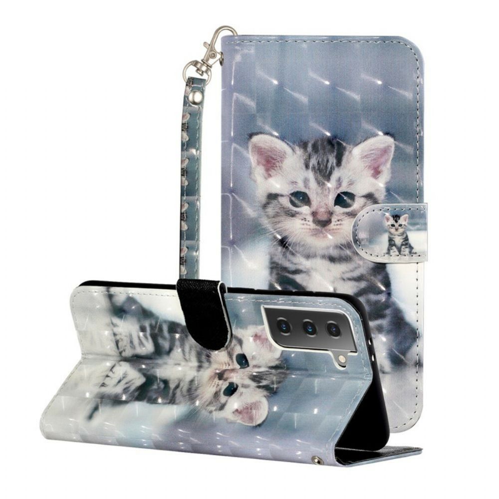 Folio-hoesje voor Samsung Galaxy S21 5G Met Ketting Lichtvlekken Riem Kitten