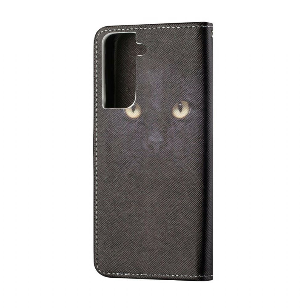 Folio-hoesje voor Samsung Galaxy S21 5G Met Ketting Zwarte Kattenogen Met Riem