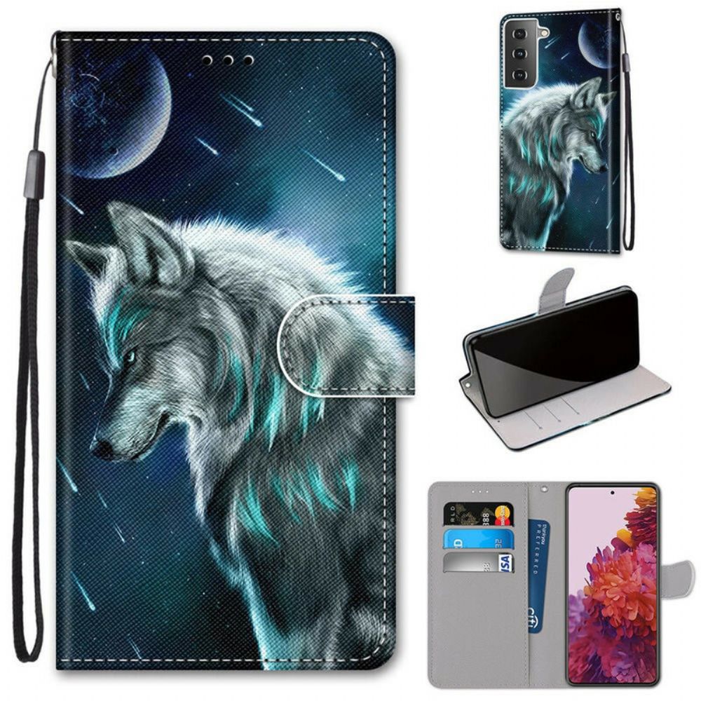 Folio-hoesje voor Samsung Galaxy S21 5G Wolf Onder Een Regen Van Sterren