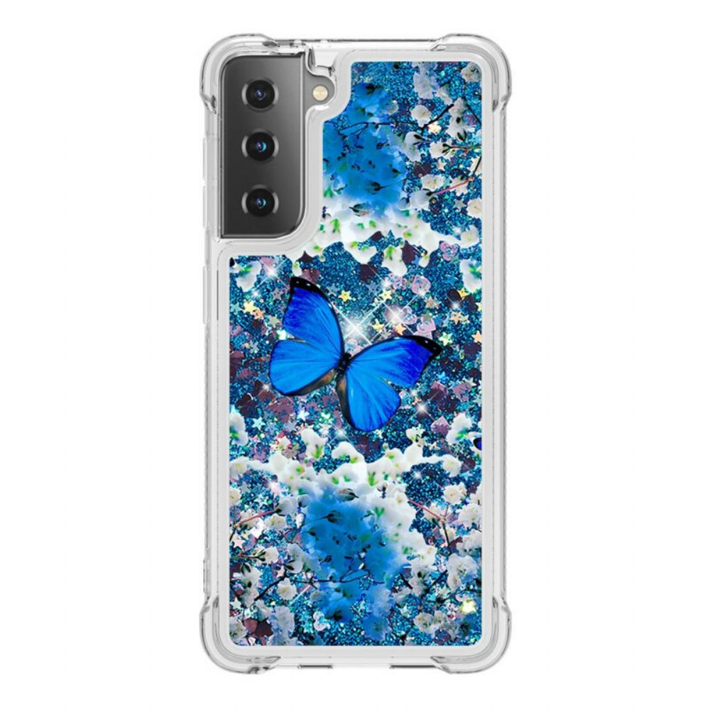 Hoesje voor Samsung Galaxy S21 5G Blauwe Glittervlinders