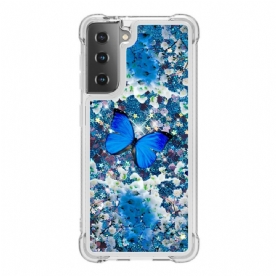 Hoesje voor Samsung Galaxy S21 5G Blauwe Glittervlinders