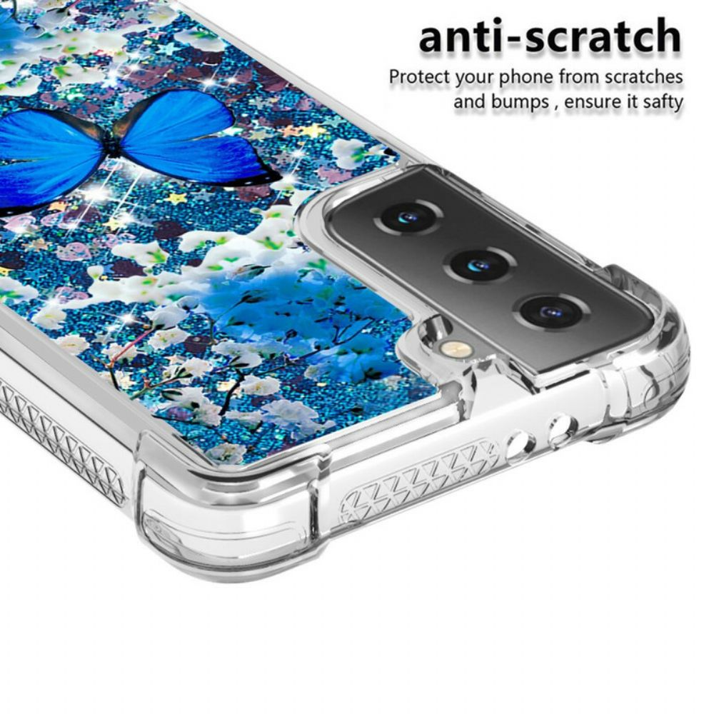 Hoesje voor Samsung Galaxy S21 5G Blauwe Glittervlinders