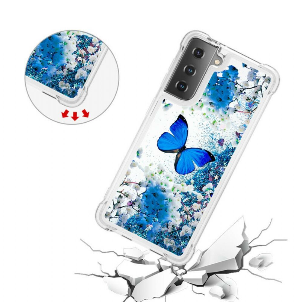 Hoesje voor Samsung Galaxy S21 5G Blauwe Glittervlinders