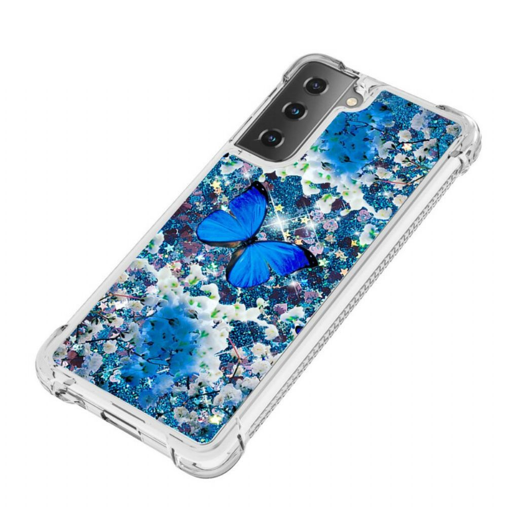 Hoesje voor Samsung Galaxy S21 5G Blauwe Glittervlinders